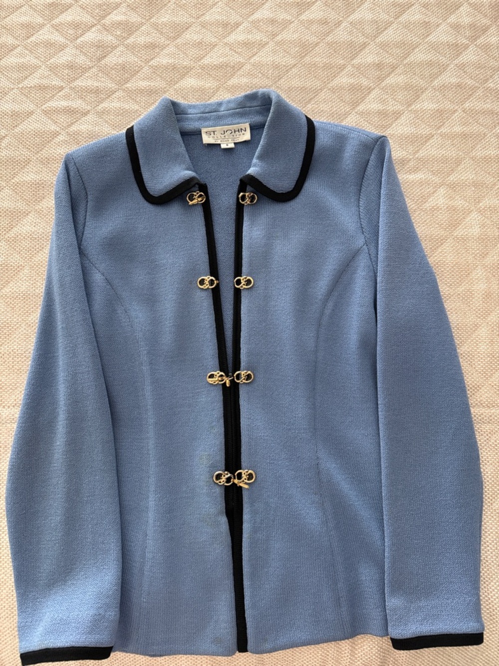 St. John Collection Powder Blue Knit Jacket with Black Trim